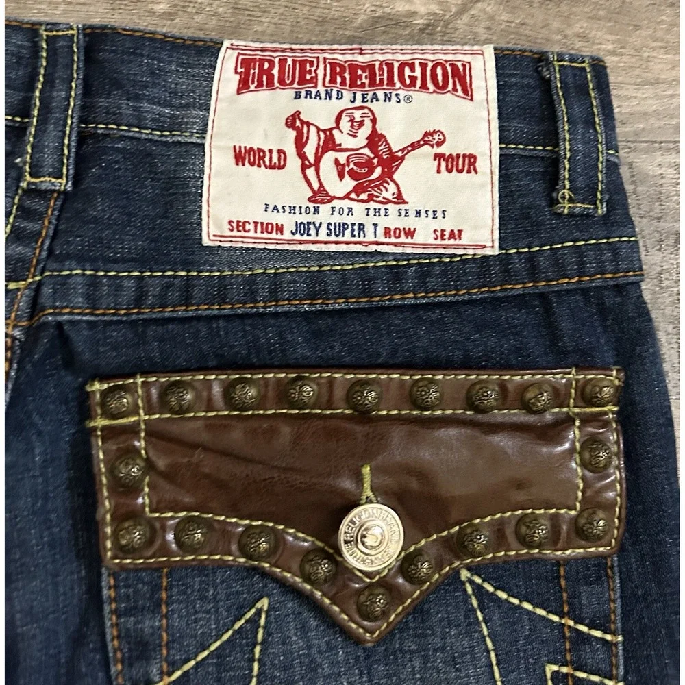 TRUE RELIGION Women's JOEY SUPER T BOOTCUT Jeans Leather Studded Flap Pockets 32